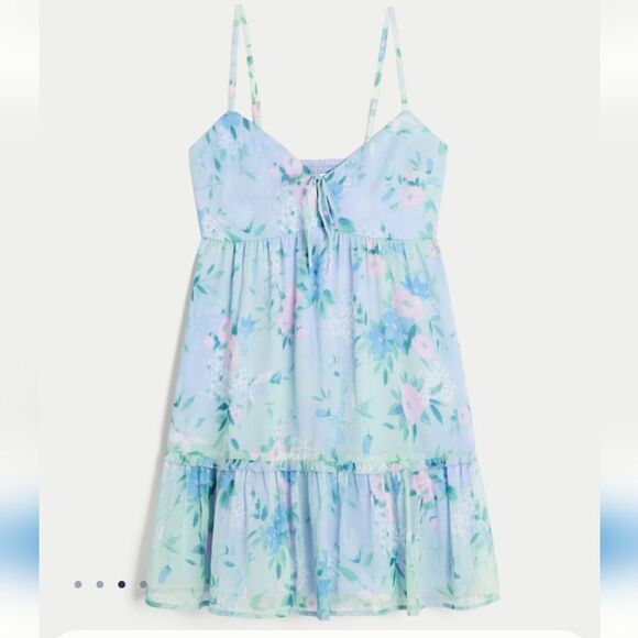 HOLLISTER Blue Floral Babydoll Mini Dress New Small Tall Msrp $50 - Picture 1 of 16